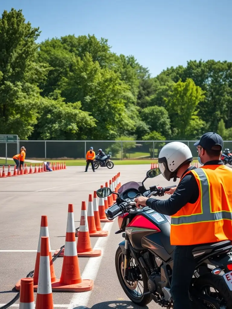 A photo of volunteers setting up safety barriers and signage at a motorcycle practice event, emphasizing the importance of safety measures.