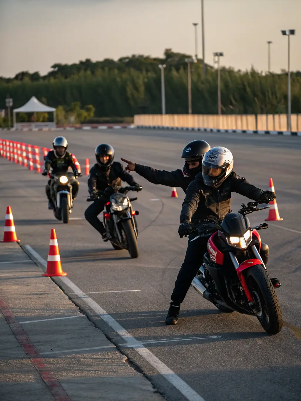 An image of experienced instructors demonstrating proper motorcycle riding techniques to a group of participants.